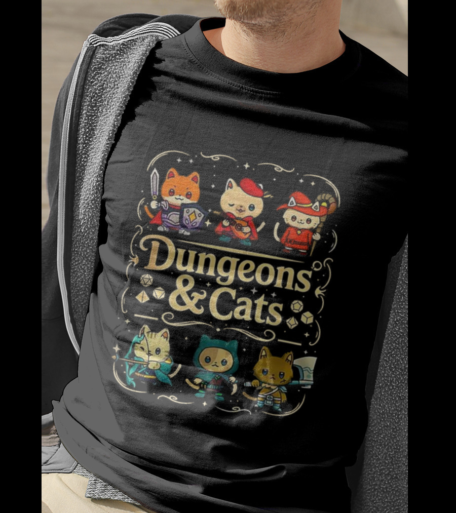Dungeons & Cats Fantasy Feline Warriors Adventure T-Shirt