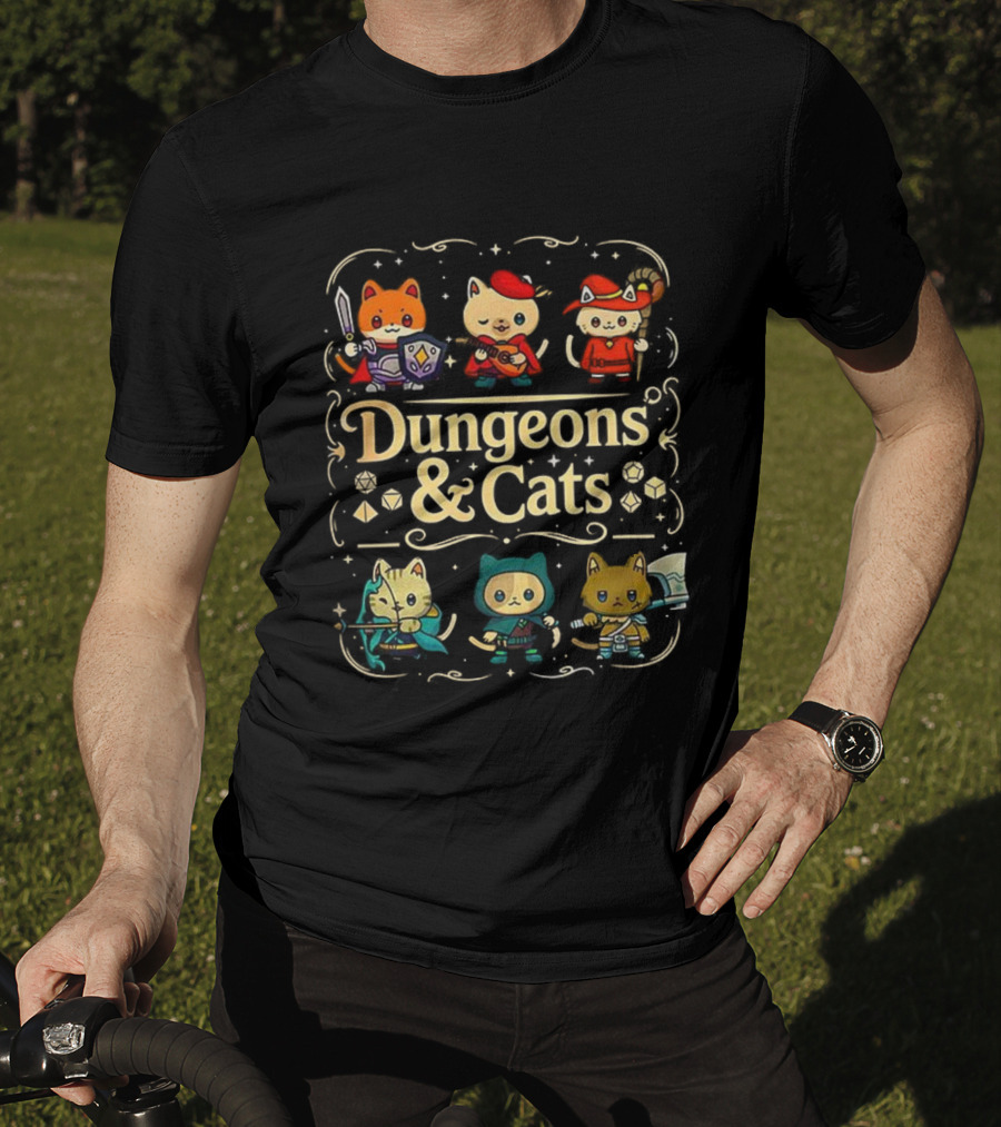 Dungeons & Cats Fantasy Feline Warriors Adventure T-Shirt