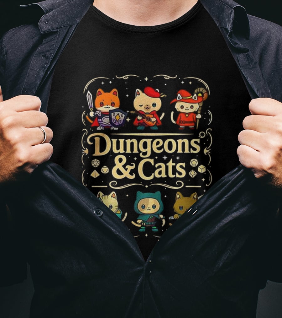 Dungeons & Cats Fantasy Feline Warriors Adventure T-Shirt