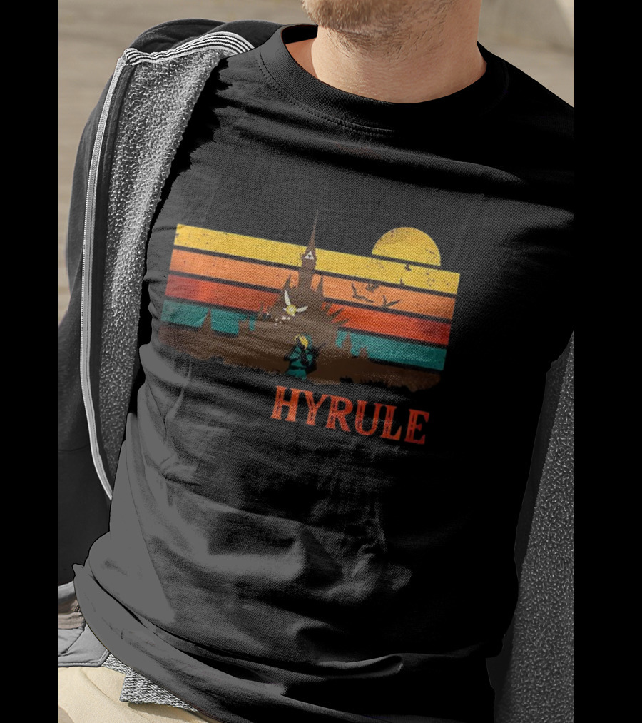 Hyrule Land Of The Gods Vintage Retro Sunset Castle And Hero Silhouette T-Shirt