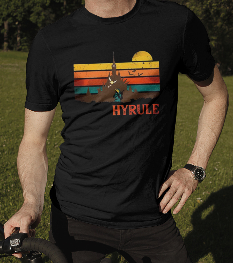 Hyrule Land Of The Gods Vintage Retro Sunset Castle And Hero Silhouette T-Shirt