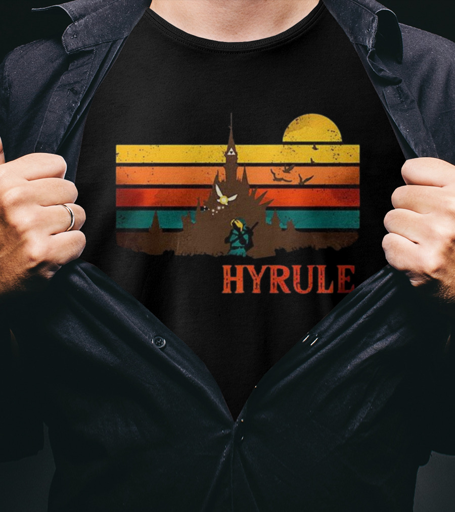 Hyrule Land Of The Gods Vintage Retro Sunset Castle And Hero Silhouette T-Shirt