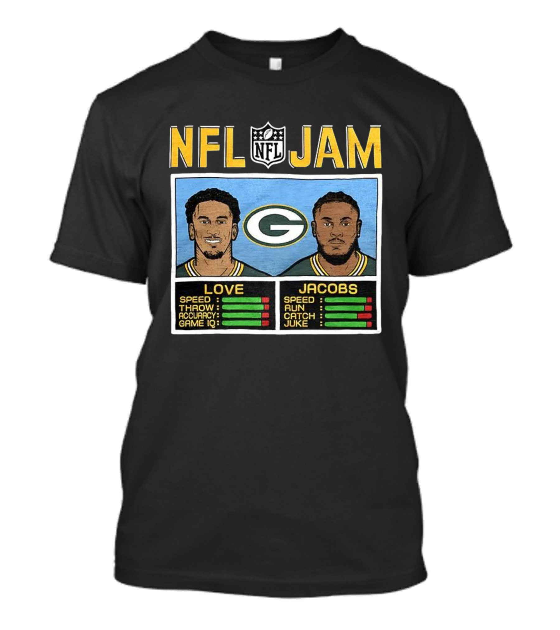 NFL Jam Jordan Love Josh Jacobs Green Bay Packers Video Game Style T-Shirt