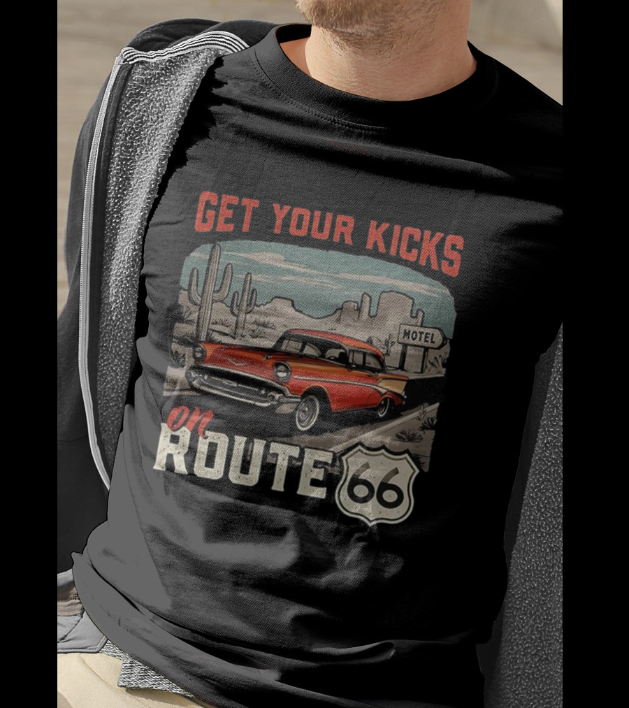 Get Your Kicks On Route 66 Retro Car Motel Desert Billboard T-Shirt