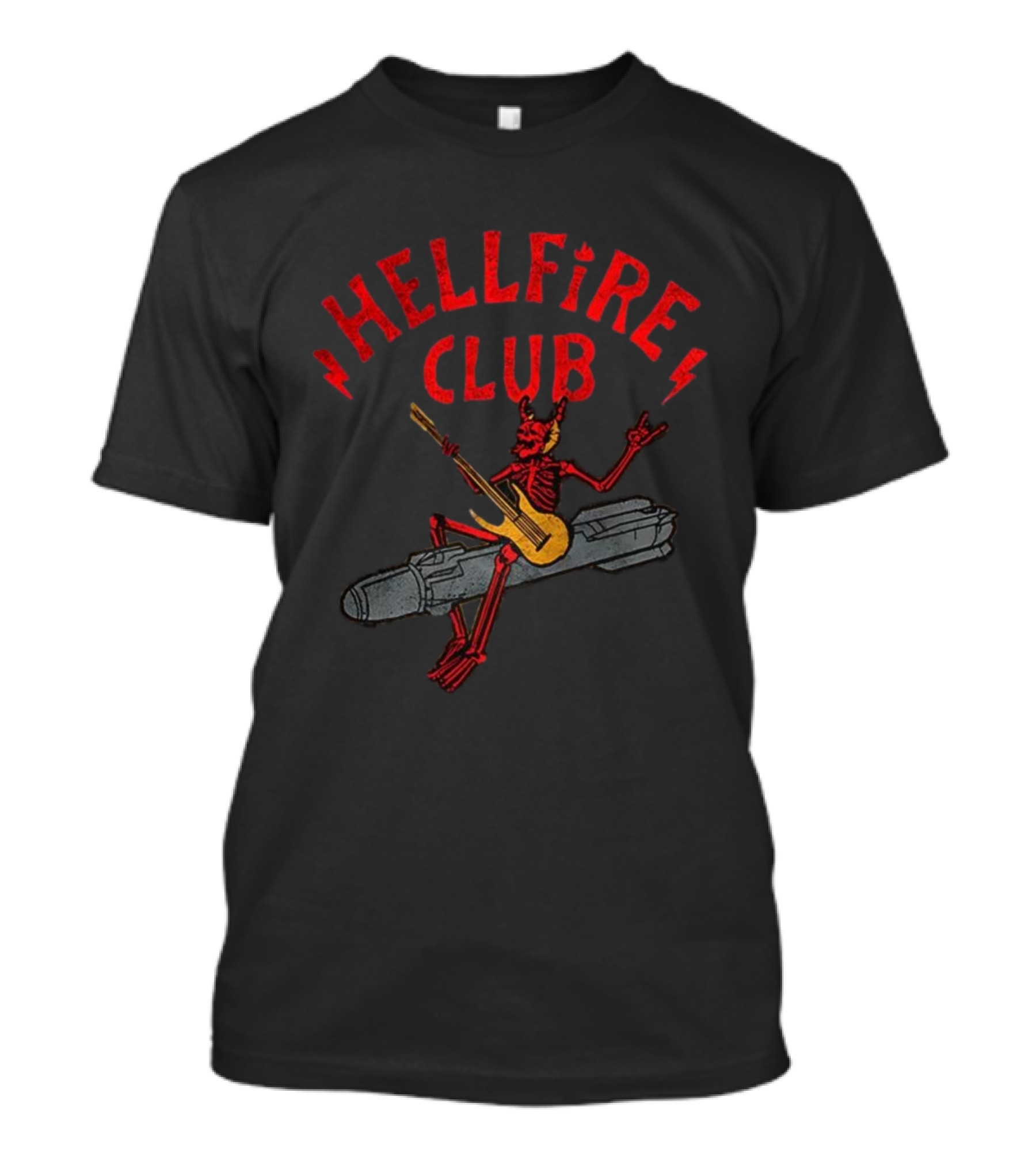 Hellfire Club Devil Riding Missile Playing Guitar T-Shirt