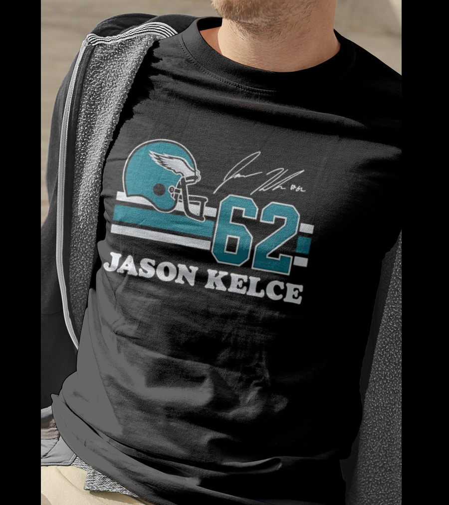 Jason Kelce Philadelphia Eagles NFL Helmet Number 62 Signature T-Shirt