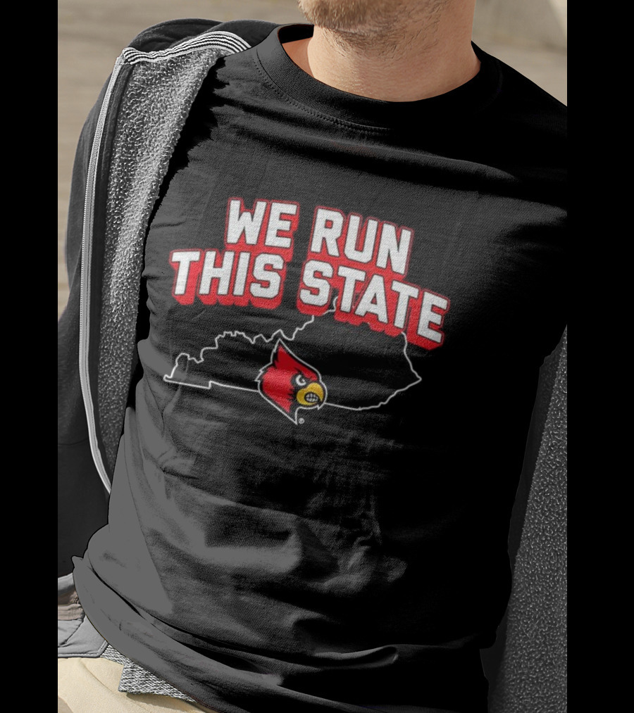 Louisville Cardinals Basketball We Run This State Kentucky Outline T-Shirt