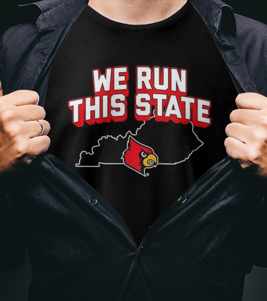 Louisville Cardinals Basketball We Run This State Kentucky Outline T-Shirt