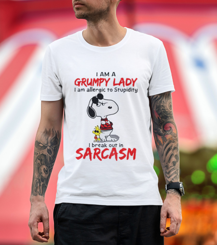 Snoopy Grumpy Lady Allergic To Stupidity Break Out In Sarcasm T-Shirt