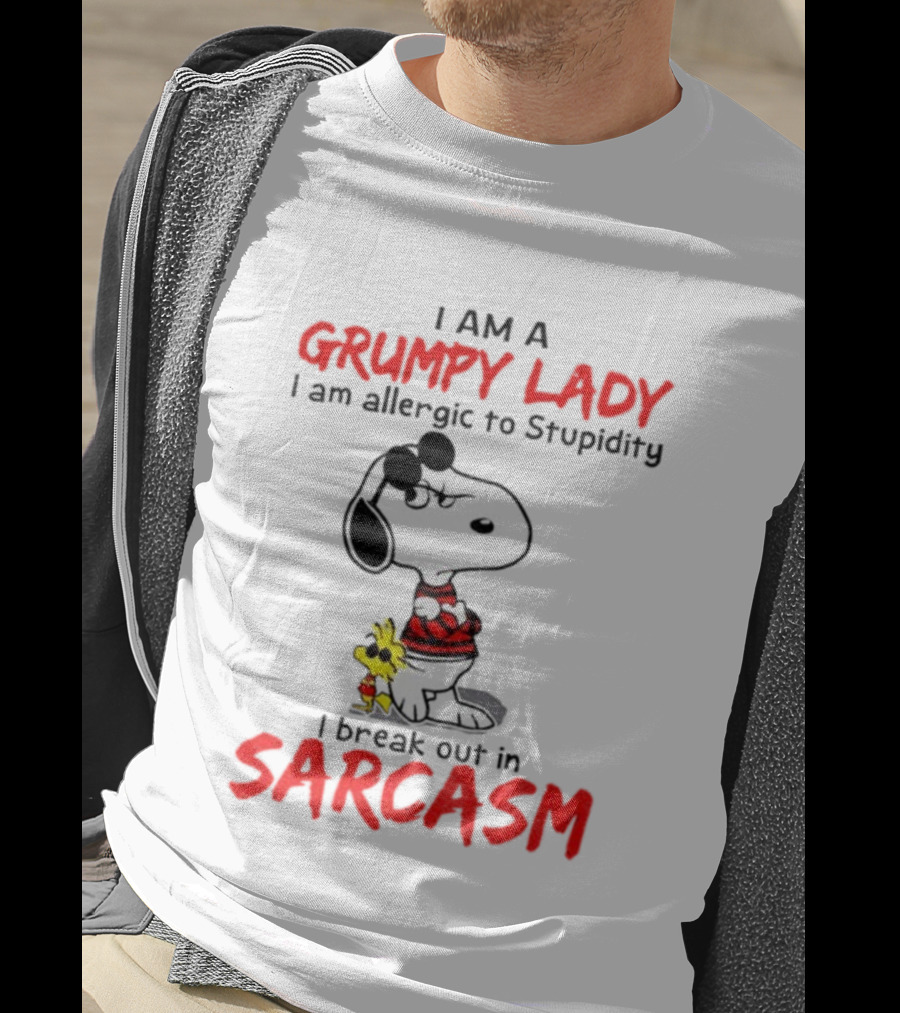 Snoopy Grumpy Lady Allergic To Stupidity Break Out In Sarcasm T-Shirt