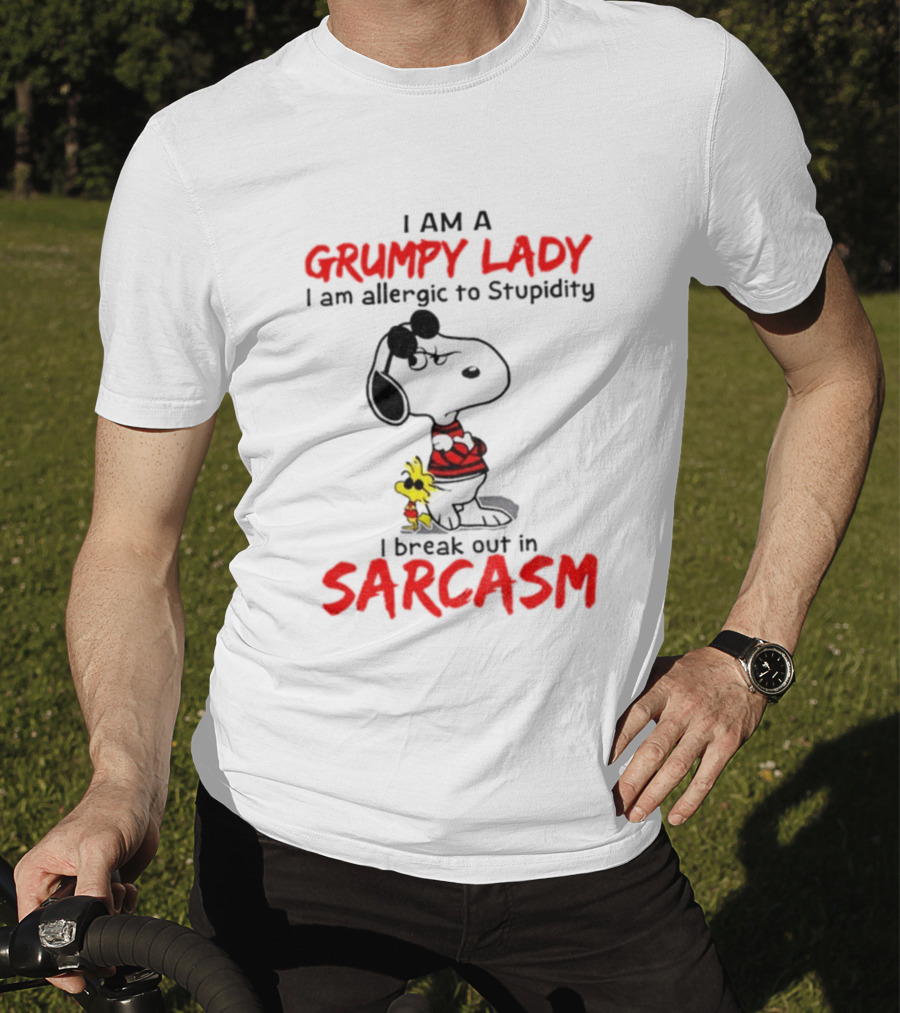 Snoopy Grumpy Lady Allergic To Stupidity Break Out In Sarcasm T-Shirt