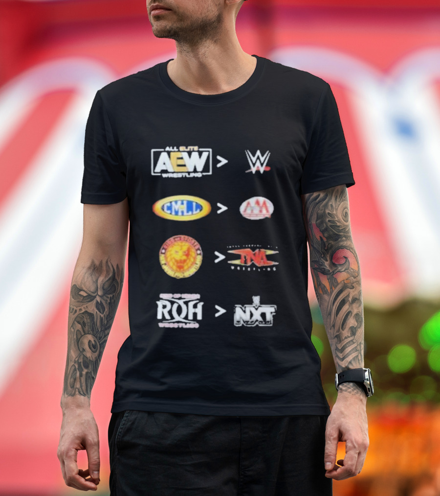 AEW Vs WWE CMLL Vs AAA NJPW Vs TNA ROH Vs NXT Wrestling Logos T-Shirt