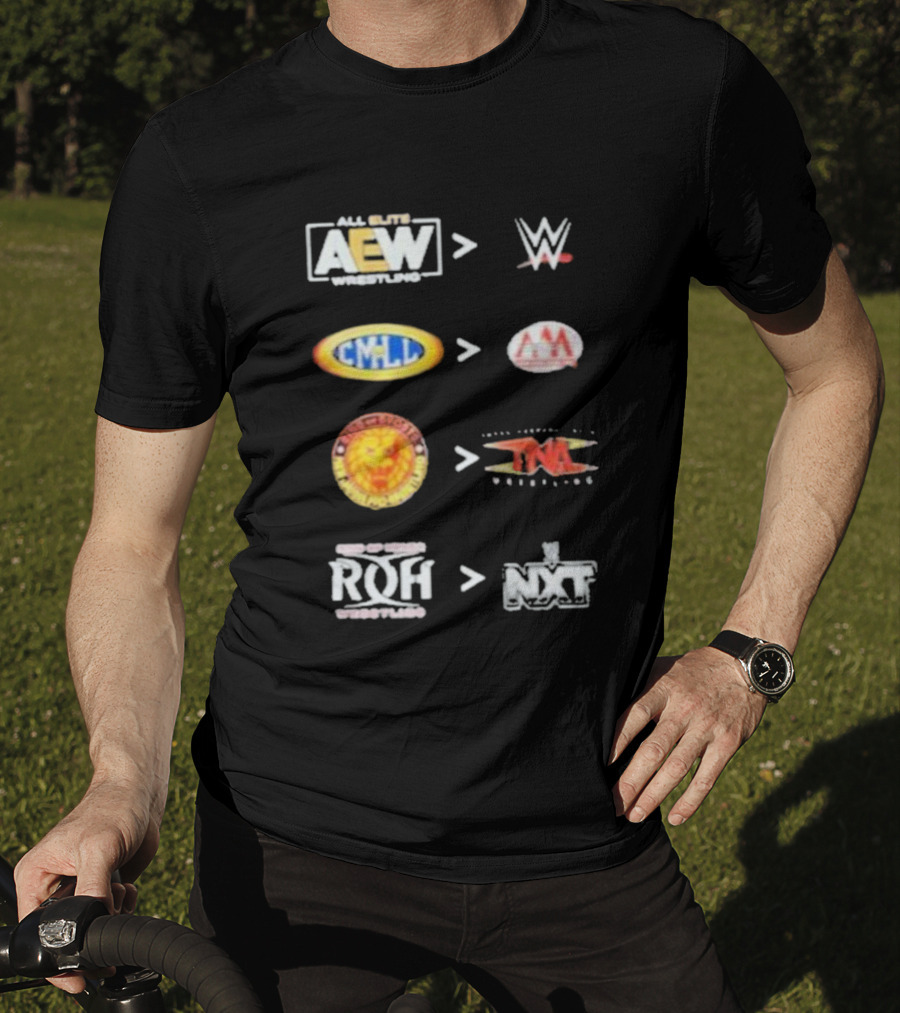 AEW Vs WWE CMLL Vs AAA NJPW Vs TNA ROH Vs NXT Wrestling Logos T-Shirt