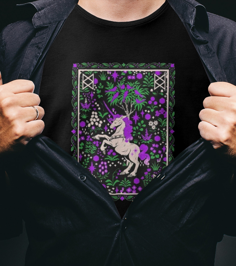 Garyl Unicorn Enchanted Forest Magic Purple Pink Green Botanical T-Shirt
