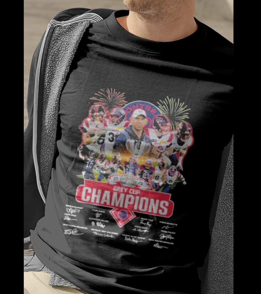Montreal Alouettes 2025 Grey Cup Champions Winner Signatures Fireworks Celebration T-Shirt