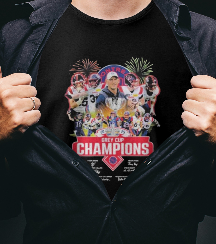 Montreal Alouettes 2025 Grey Cup Champions Winner Signatures Fireworks Celebration T-Shirt