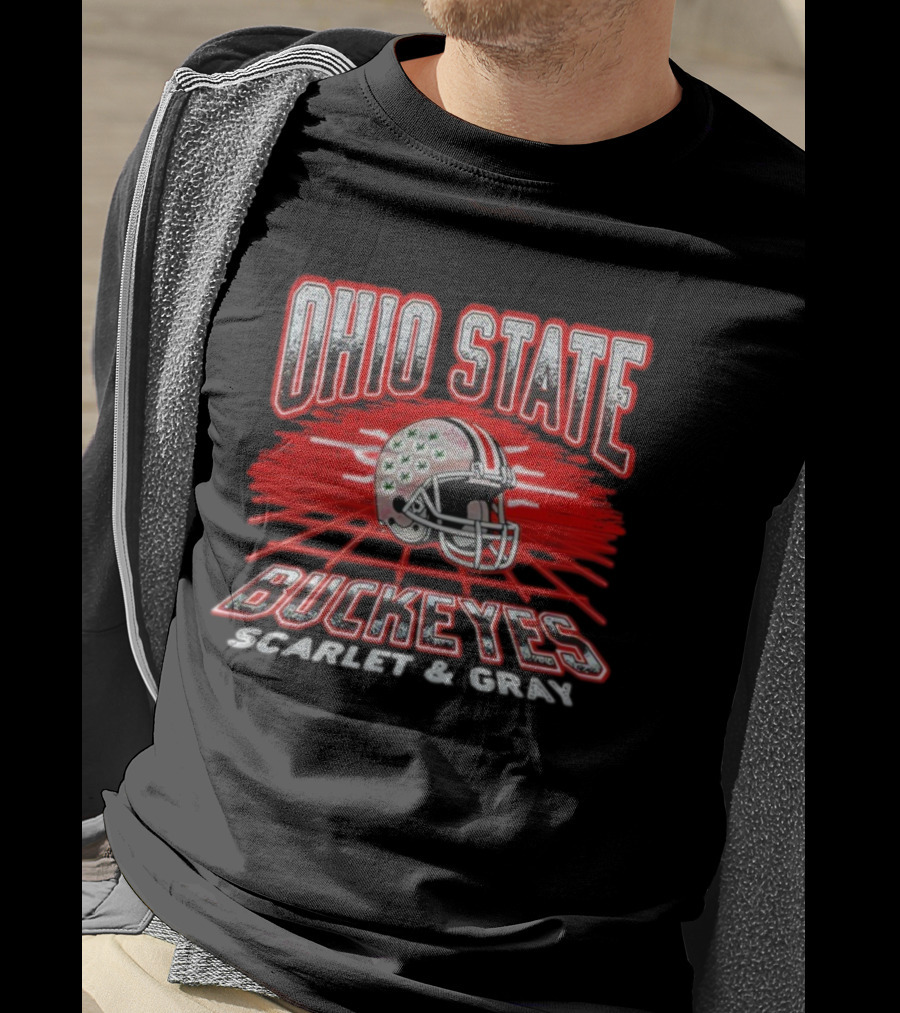 Ohio State Buckeyes Scarlet Gray Retro Neon Grid Football Helmet T-Shirt