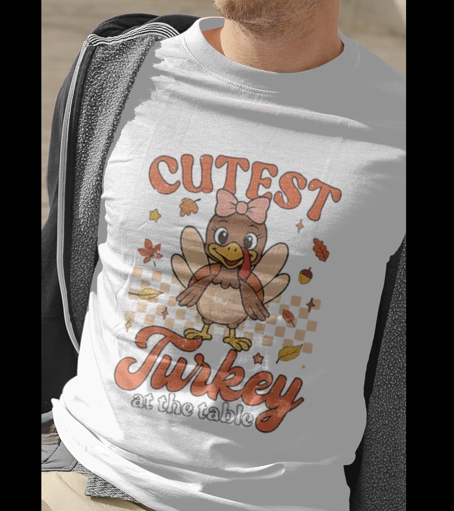 Cutest Turkey At The Table Thanksgiving Bow And Leaves T-Shirt
