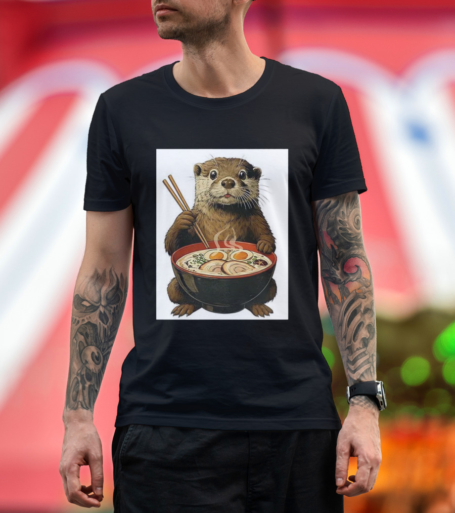 Cute Otter Enjoying Steaming Ramen With Chopsticks Illustration T-Shirt