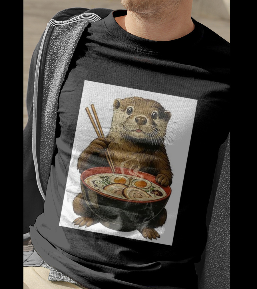 Cute Otter Enjoying Steaming Ramen With Chopsticks Illustration T-Shirt