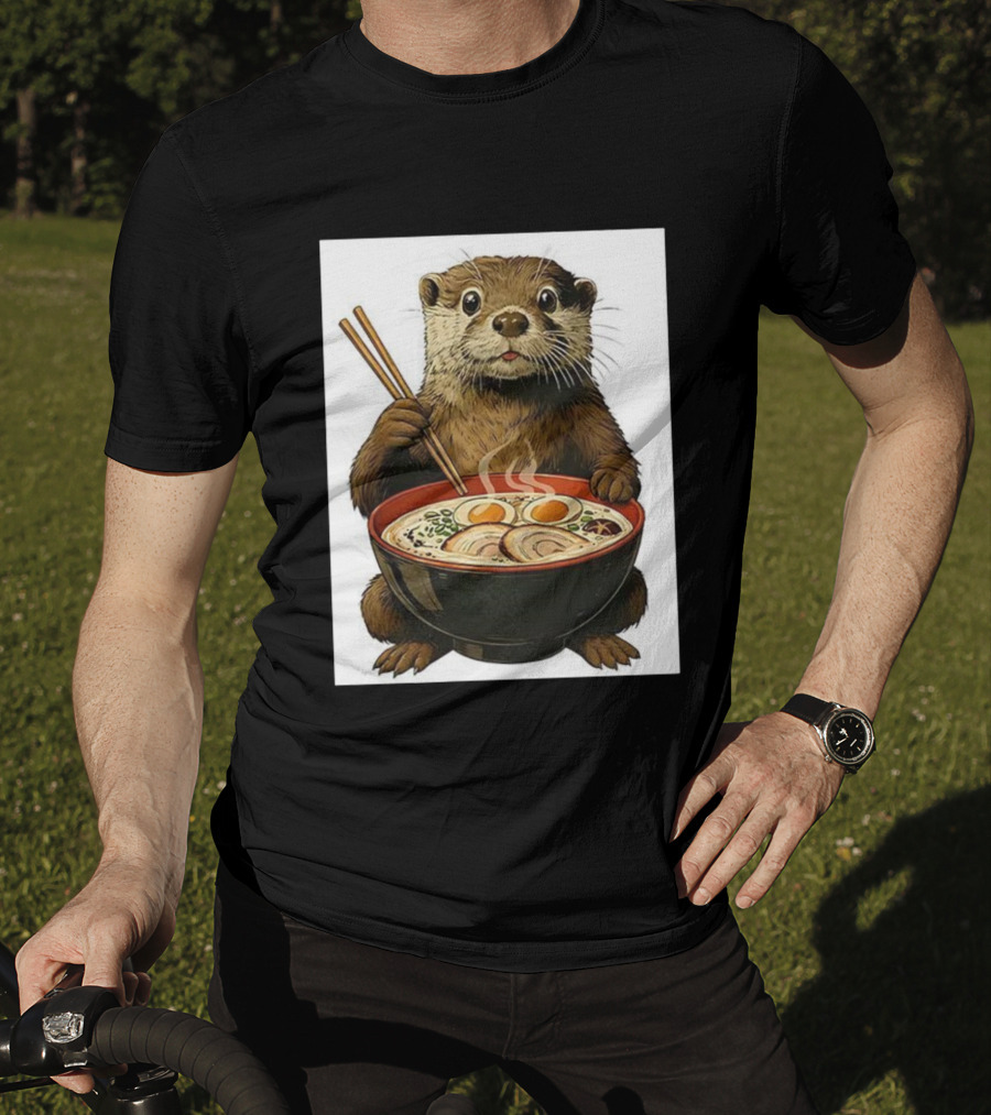 Cute Otter Enjoying Steaming Ramen With Chopsticks Illustration T-Shirt