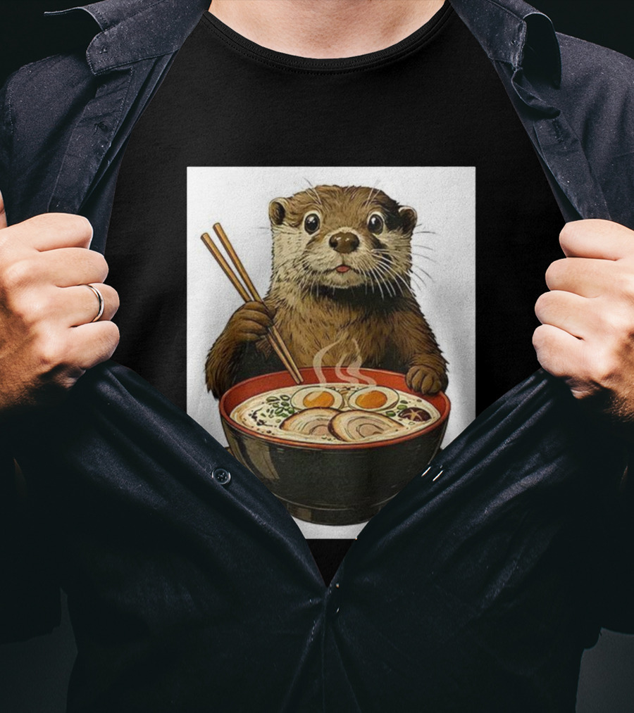 Cute Otter Enjoying Steaming Ramen With Chopsticks Illustration T-Shirt
