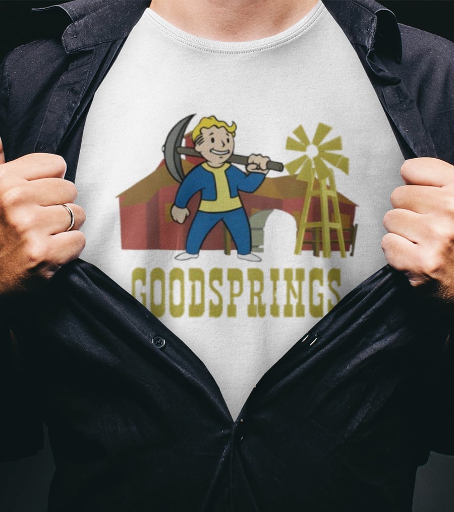 Fallout Goodsprings Vault Boy Pickaxe Barn Windmill T-Shirt