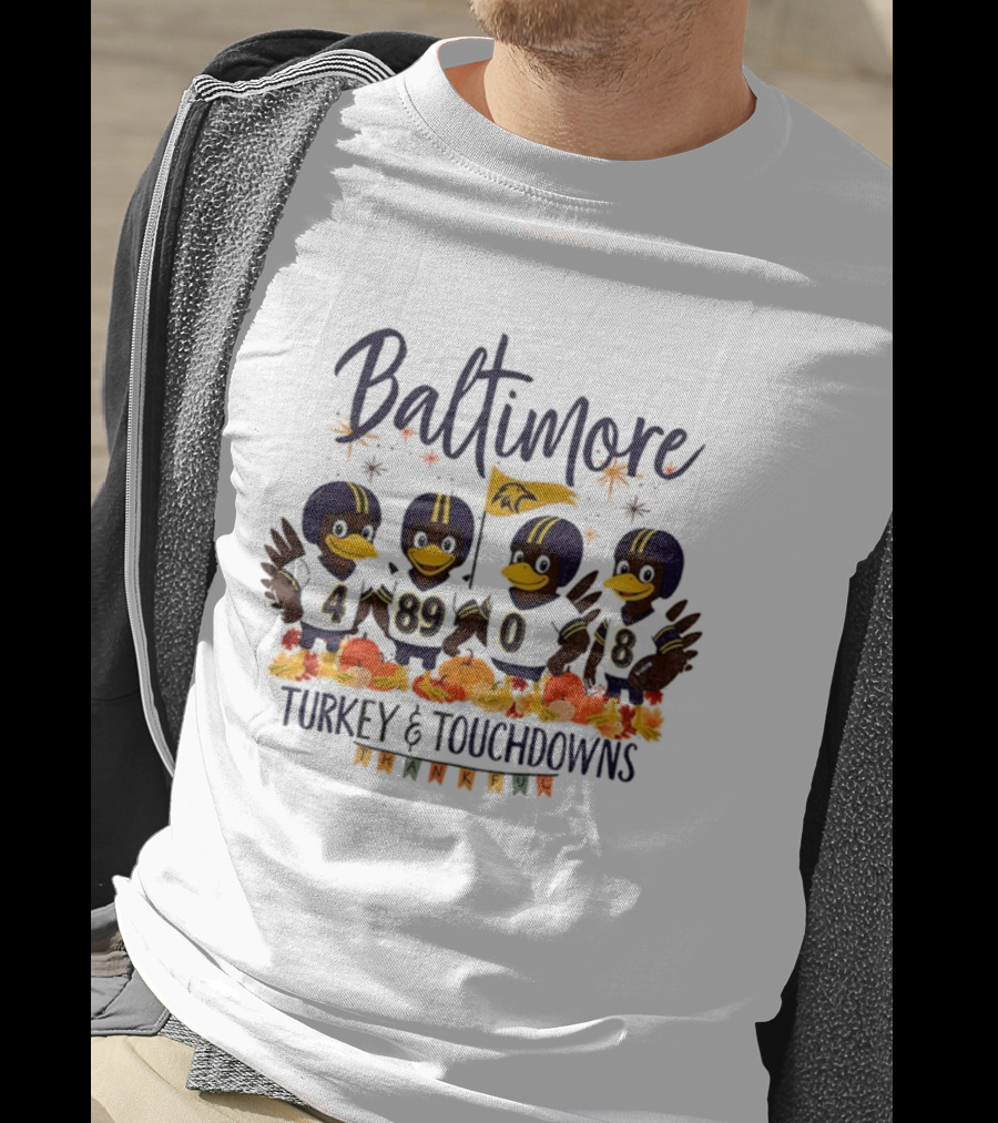 Baltimore Ravens Turkey And Touchdowns Thankful Thanksgiving Football T-Shirt