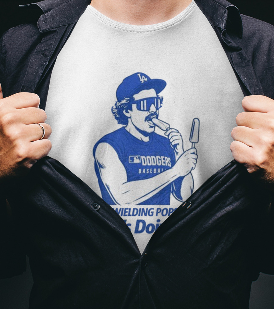Dodgers Baseball Dual-Wielding Popsicles He’s Doin’ It T-Shirt