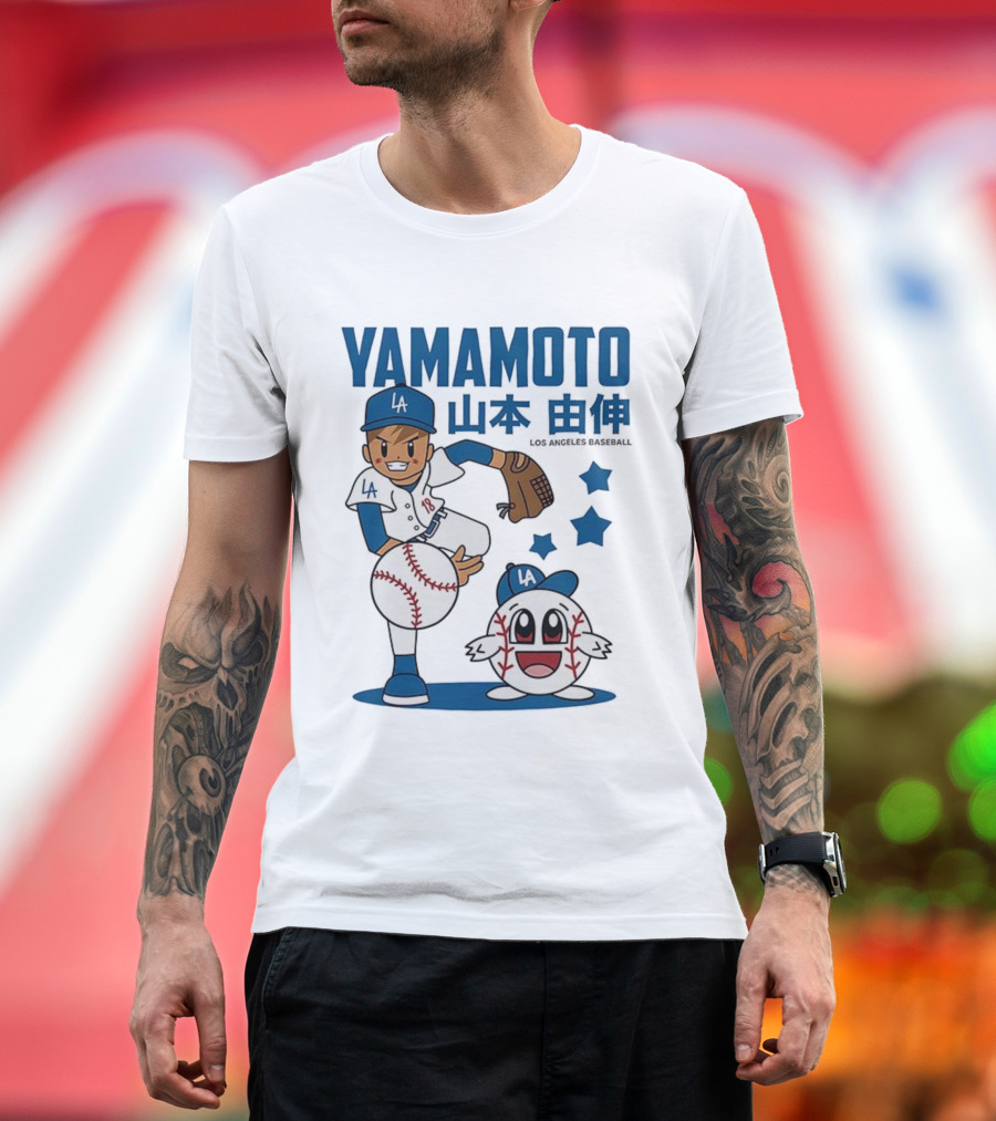 Yamamoto Los Angeles Dodgers Cartoon With Baseball Character And Stars T-Shirt