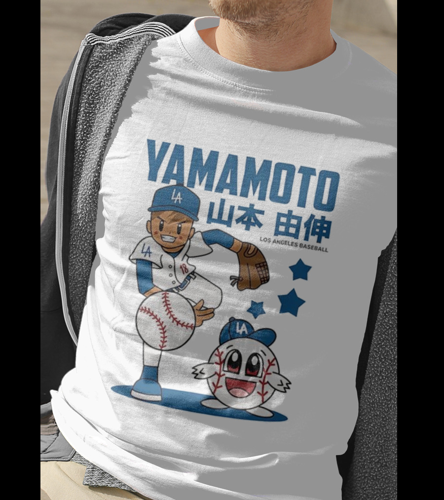 Yamamoto Los Angeles Dodgers Cartoon With Baseball Character And Stars T-Shirt