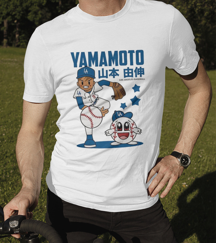 Yamamoto Los Angeles Dodgers Cartoon With Baseball Character And Stars T-Shirt