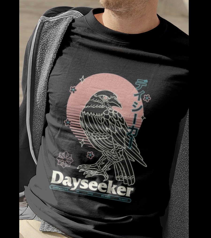 Dayseeker Creature In The Black Night Raven With Japanese Text And Sakura Motif T-Shirt