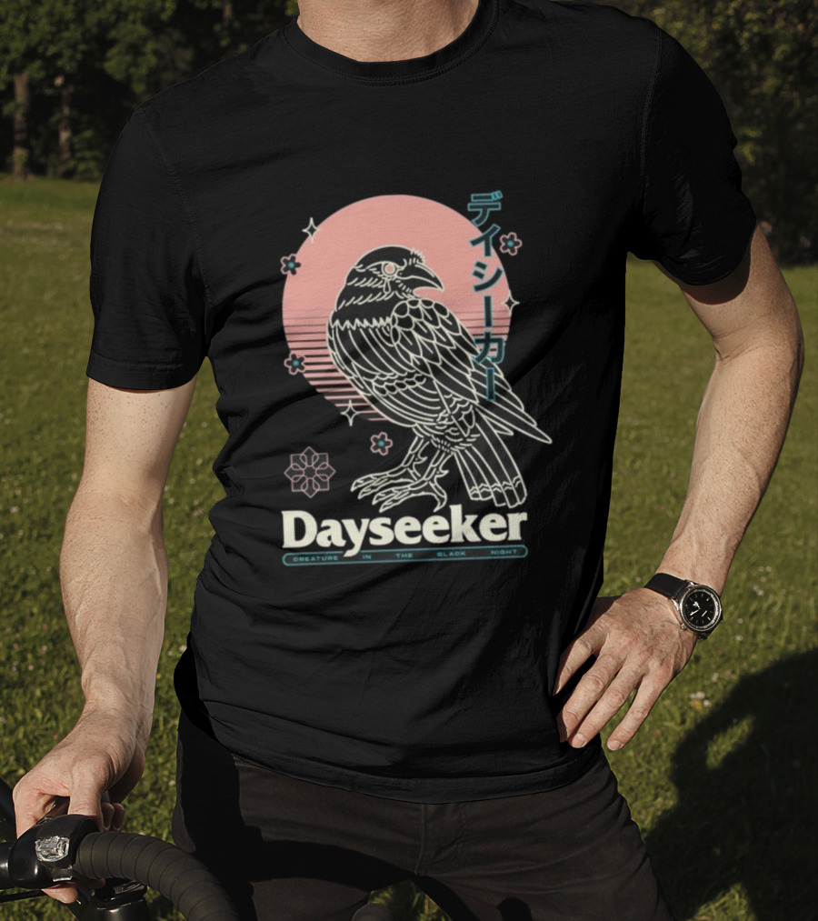 Dayseeker Creature In The Black Night Raven With Japanese Text And Sakura Motif T-Shirt