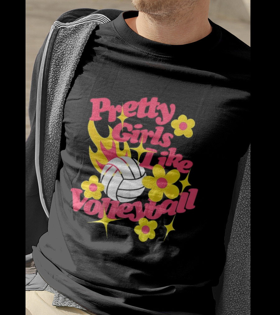 Pretty Girls Like Volleyball Flowers Yellow Pink Volleyball Floral Design T-Shirt