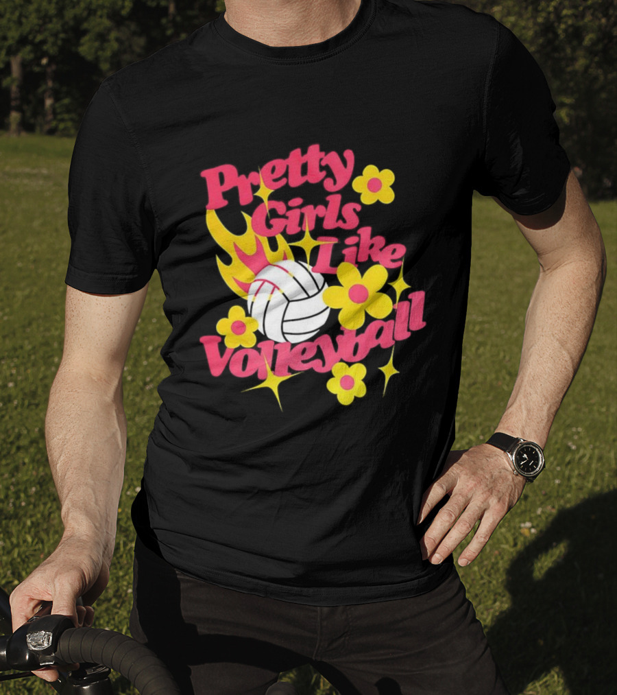 Pretty Girls Like Volleyball Flowers Yellow Pink Volleyball Floral Design T-Shirt