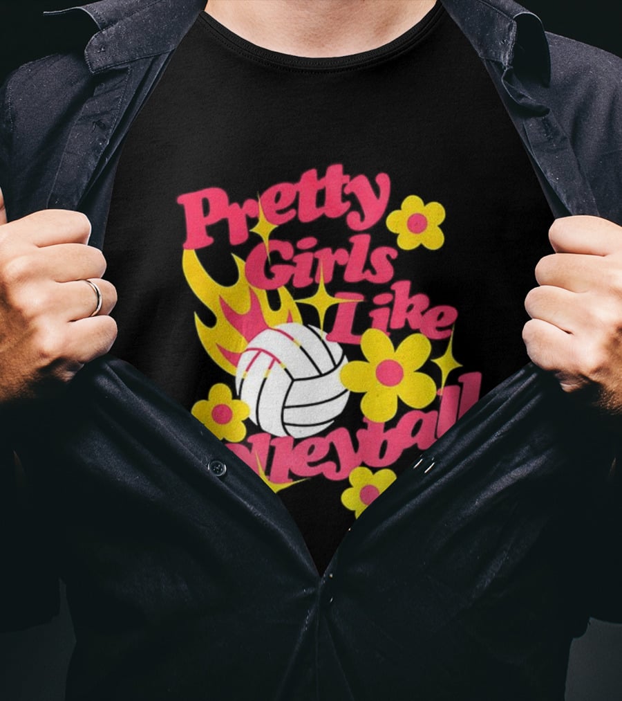 Pretty Girls Like Volleyball Flowers Yellow Pink Volleyball Floral Design T-Shirt