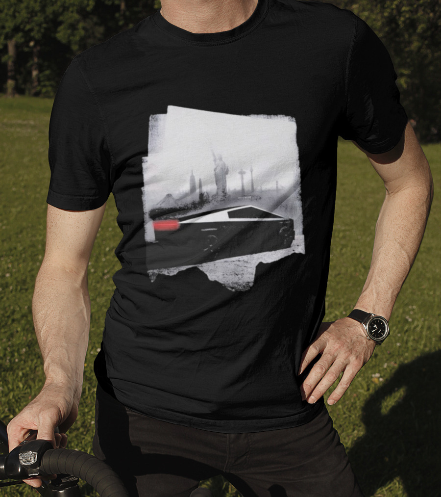 Tesla Cybertruck With Global Landmark Skyline T-Shirt