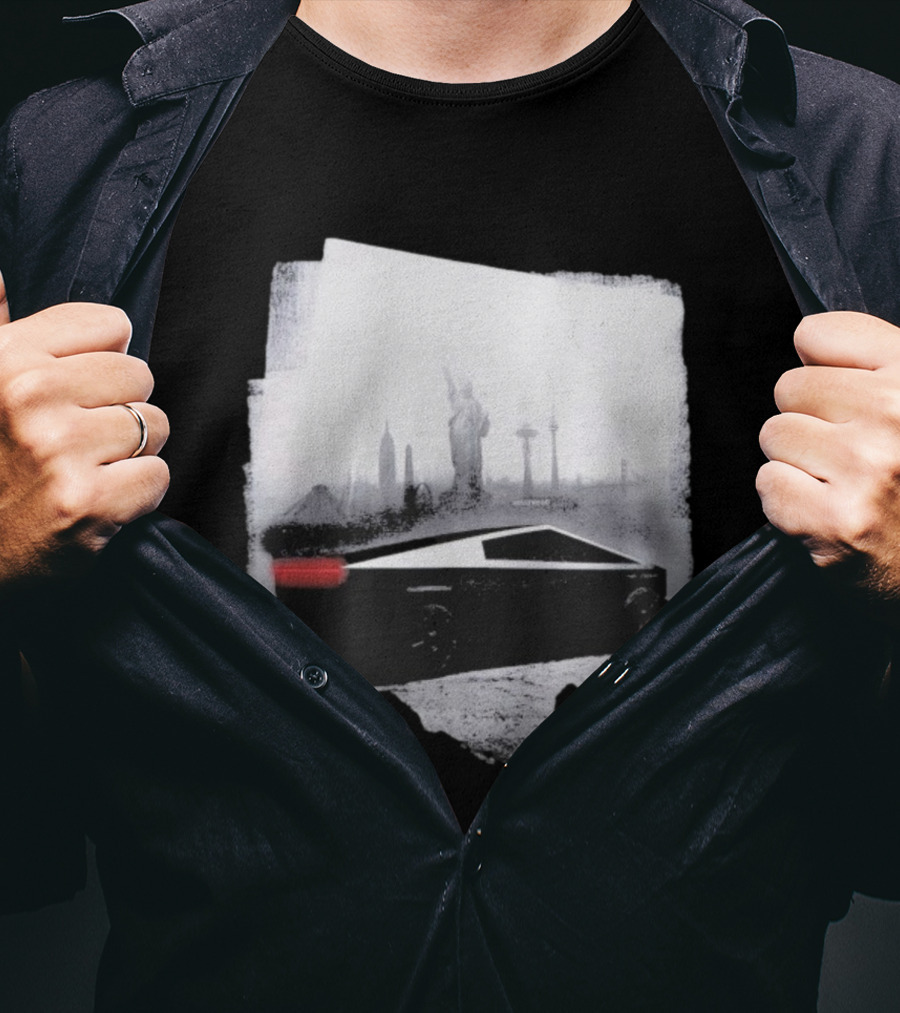 Tesla Cybertruck With Global Landmark Skyline T-Shirt