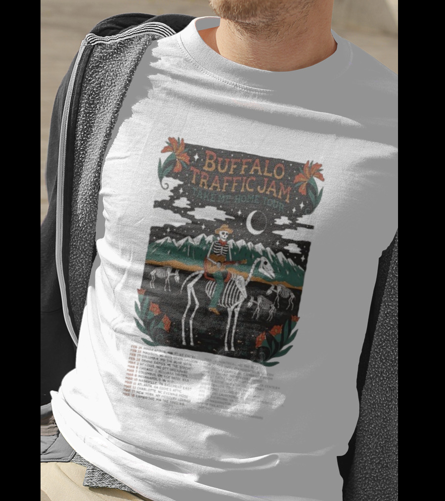 Buffalo Traffic Jam Take Me Home Tour 2026 Dates Skeleton Cowboy Riding Horse Moonlit Desert Scene T-Shirt