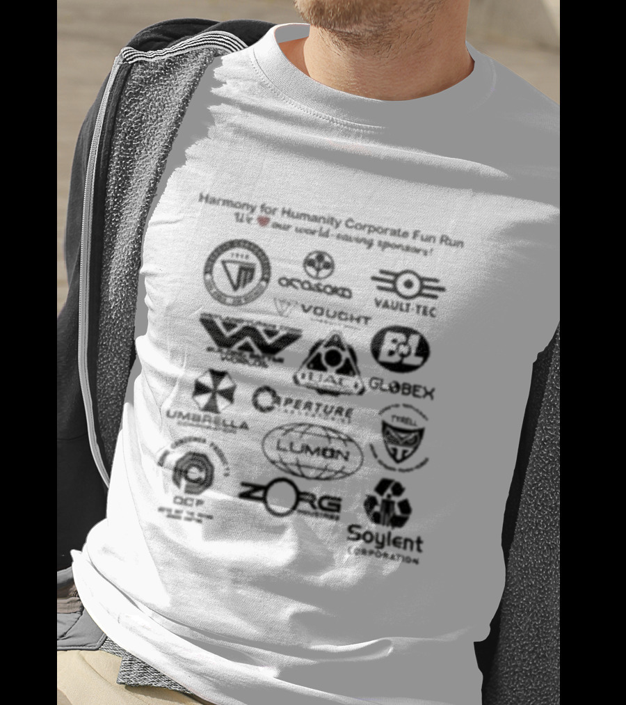 Harmony For Humanity Corporate Fun Run Sci Fi Parody Tyrell Weyland Cyberdyne Brawndo Soylent Umbrella Lumen Aperture InGen Voight-Kampff Sponsors T-Shirt