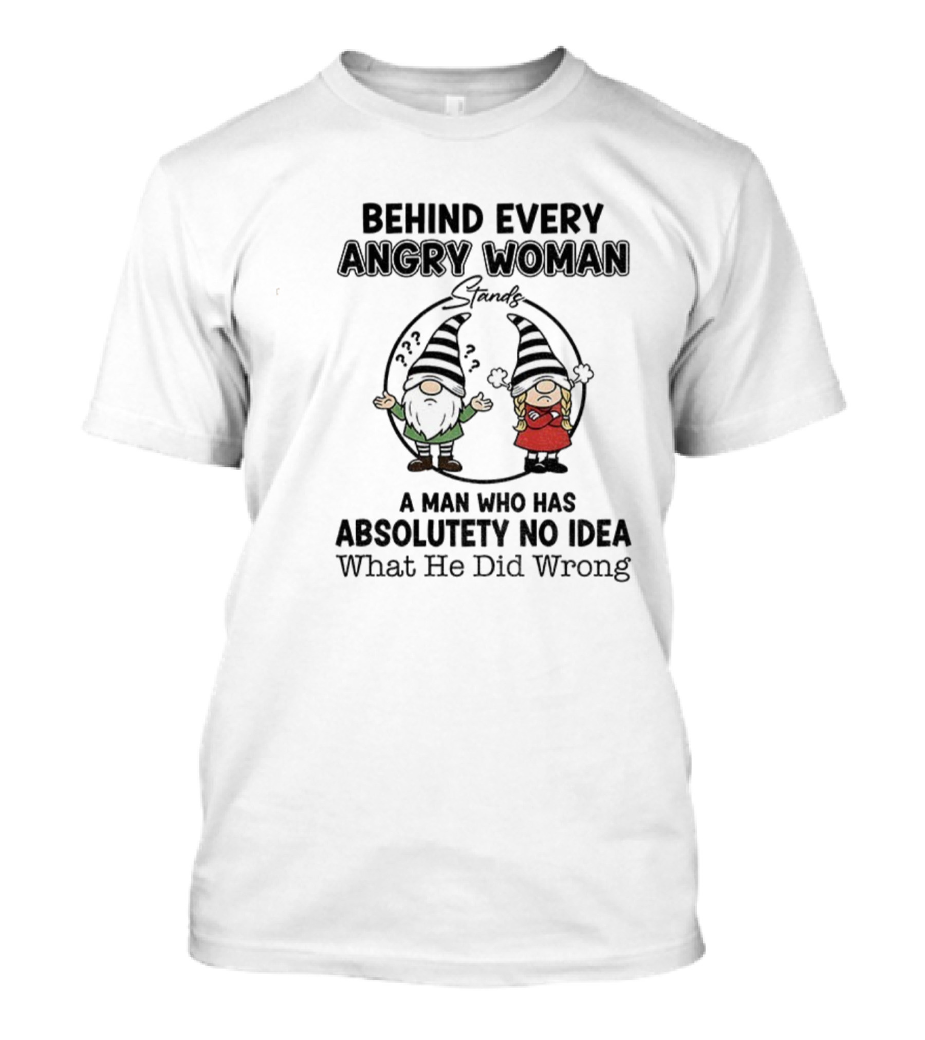 Behind Every Angry Woman Gnome A Man Who Has Absolutely No Idea What He Did Wrong T-Shirt