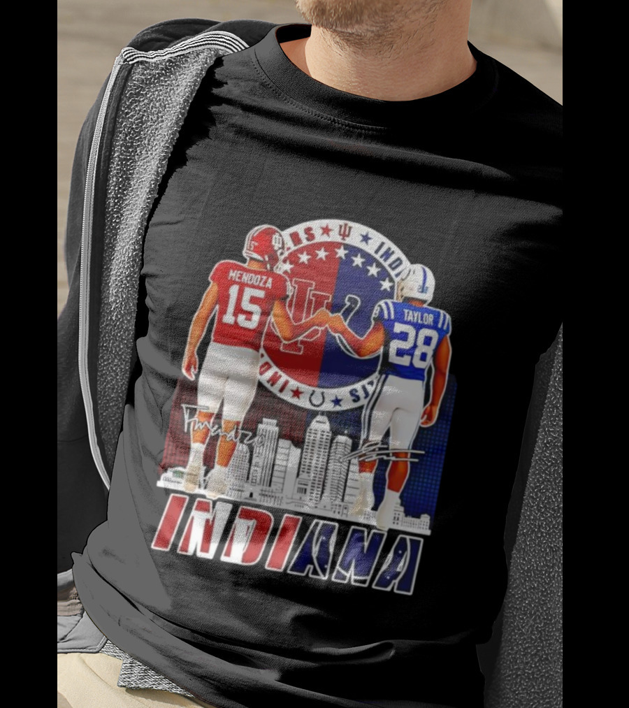 Indiana Hoosiers Mendoza 15 Indianapolis Colts Taylor 28 Signatures And City Skyline T-Shirt