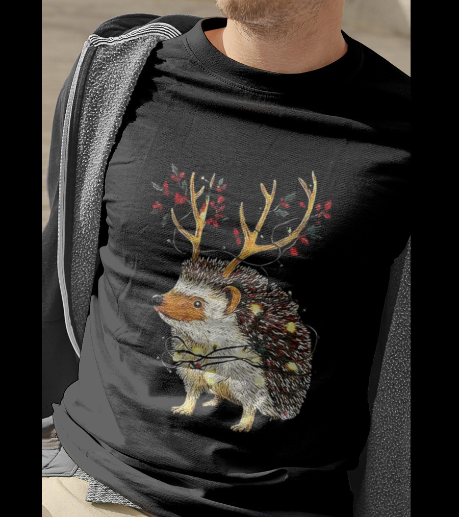 Hedgehog With Antlers Wearing String Of Lights Christmas Holiday Design T-Shirt