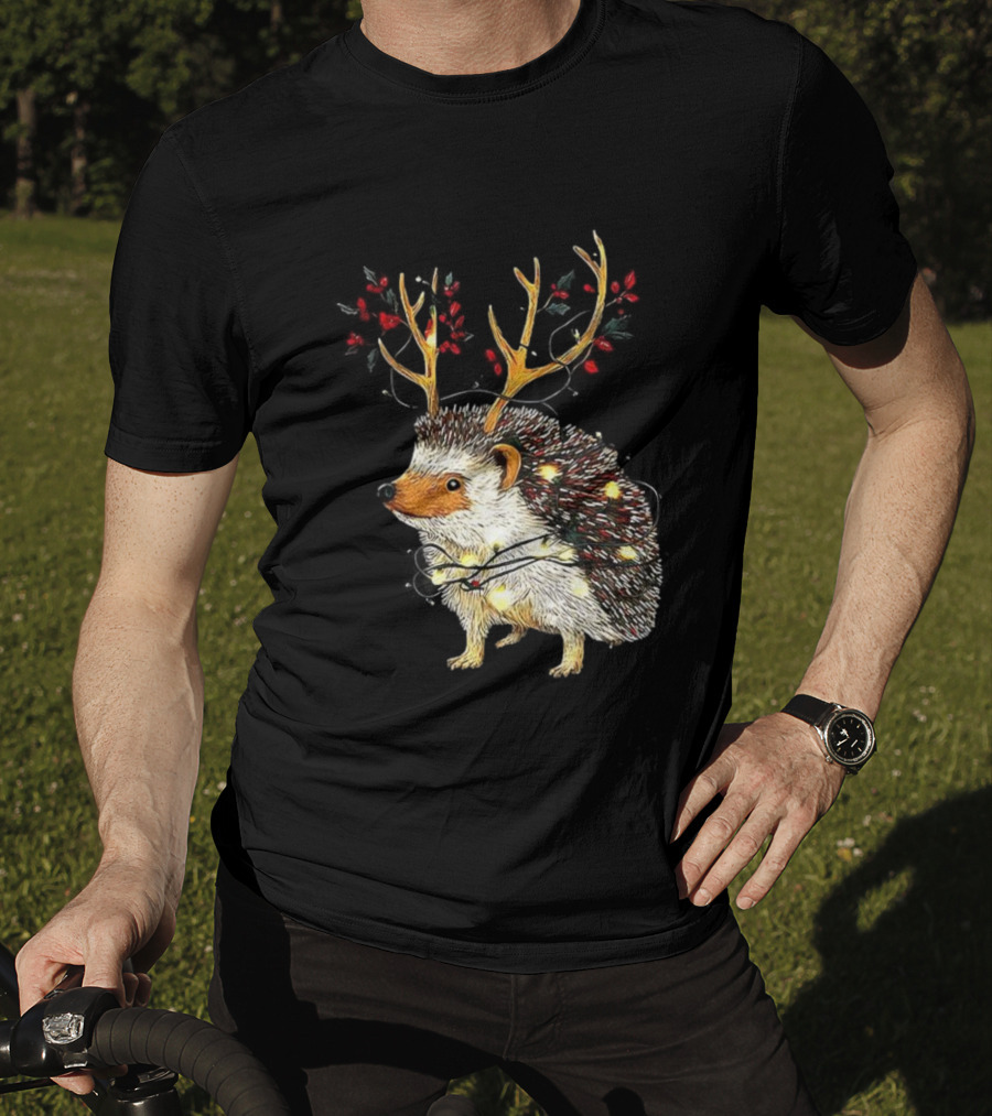 Hedgehog With Antlers Wearing String Of Lights Christmas Holiday Design T-Shirt