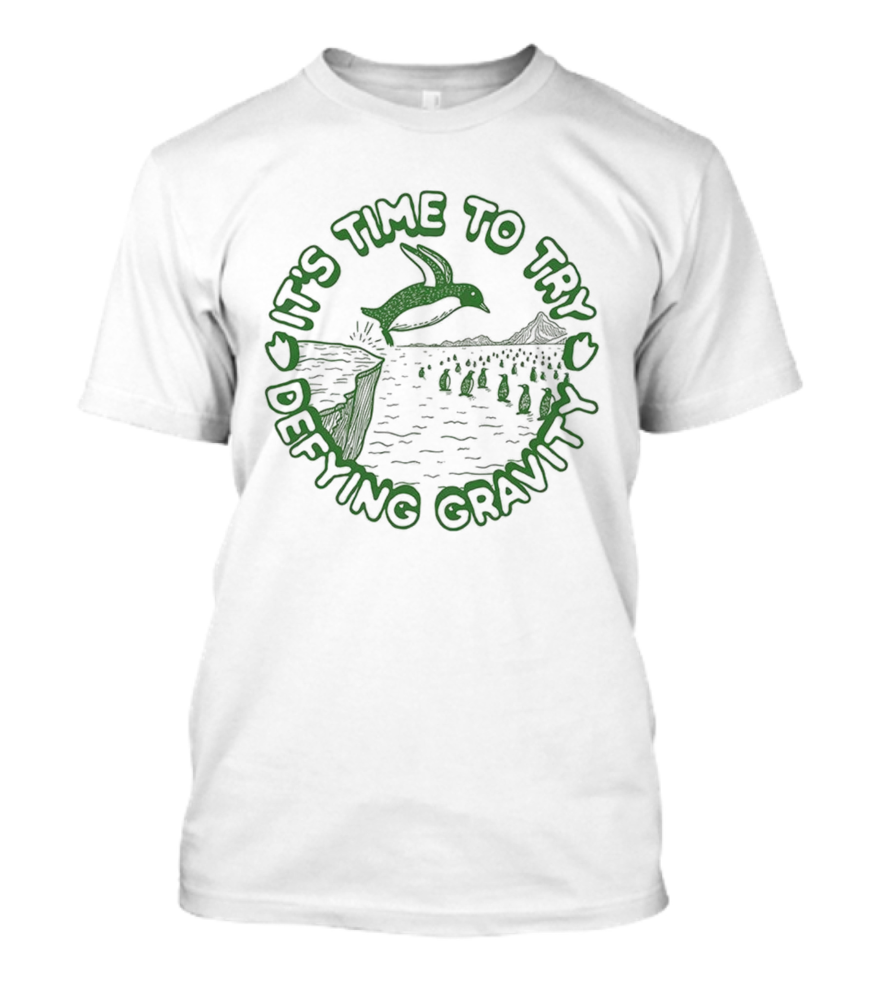 It's Time To Try Defying Gravity Penguin Jumping Scene T-Shirt