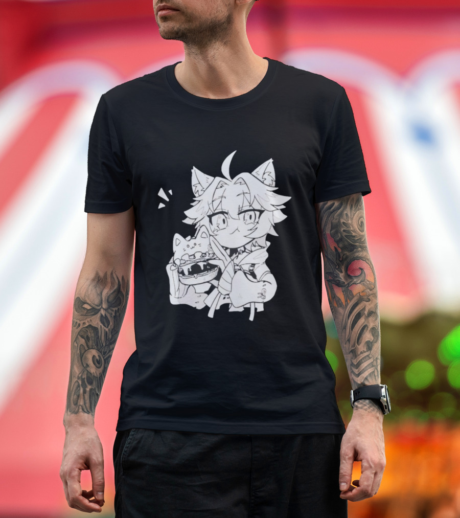 Genshin Impact Cat-Eared Character With Cat Burger Anime Illustration T-Shirt