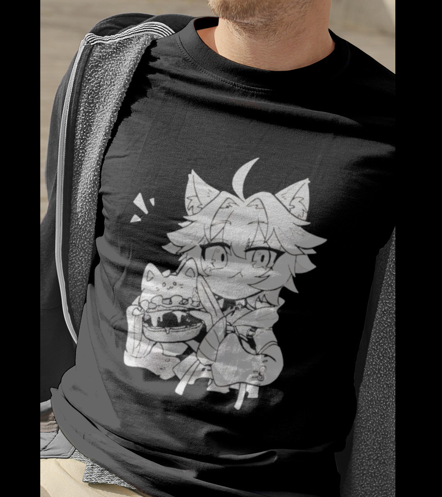 Genshin Impact Cat-Eared Character With Cat Burger Anime Illustration T-Shirt