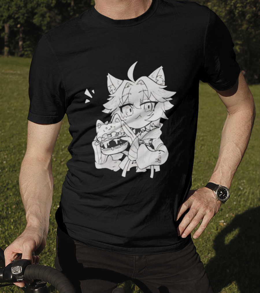 Genshin Impact Cat-Eared Character With Cat Burger Anime Illustration T-Shirt