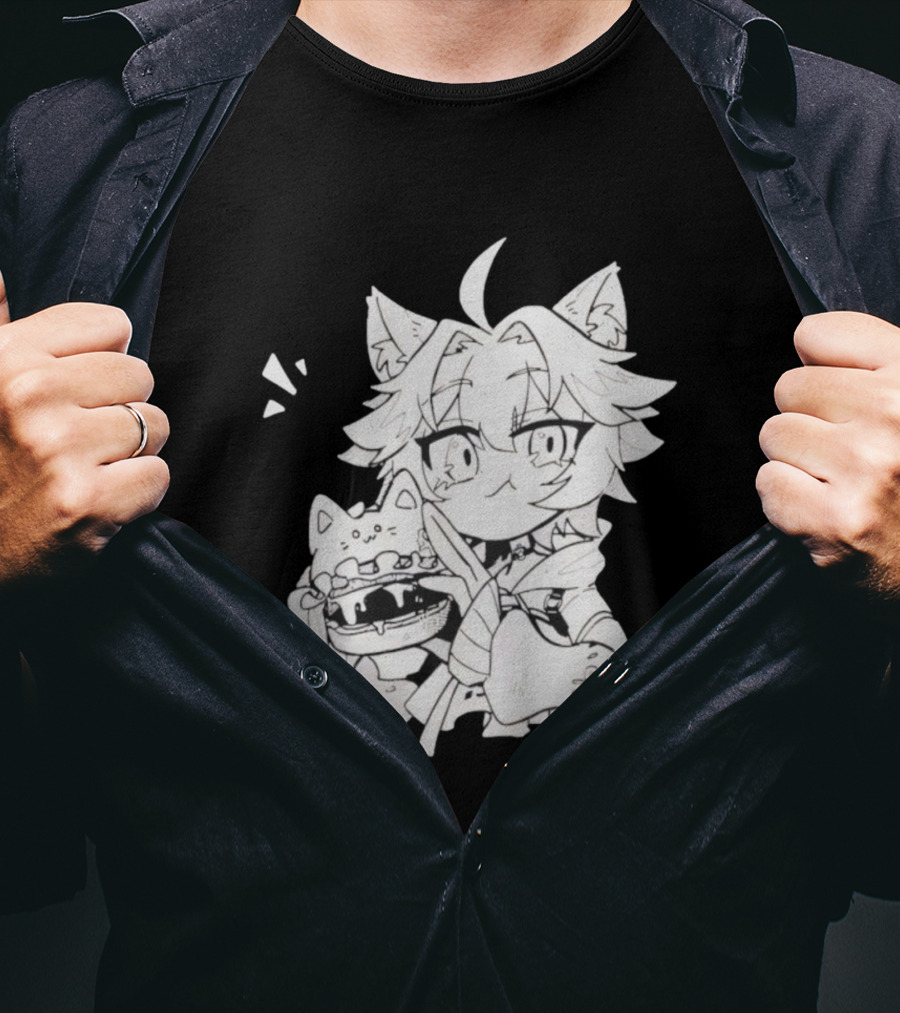 Genshin Impact Cat-Eared Character With Cat Burger Anime Illustration T-Shirt